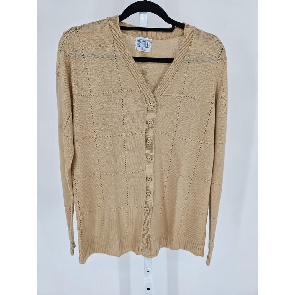 Vintage 1970s Sears Womens Sz 42 (L) Button Up Cardigan Sweater Beige Acrylic